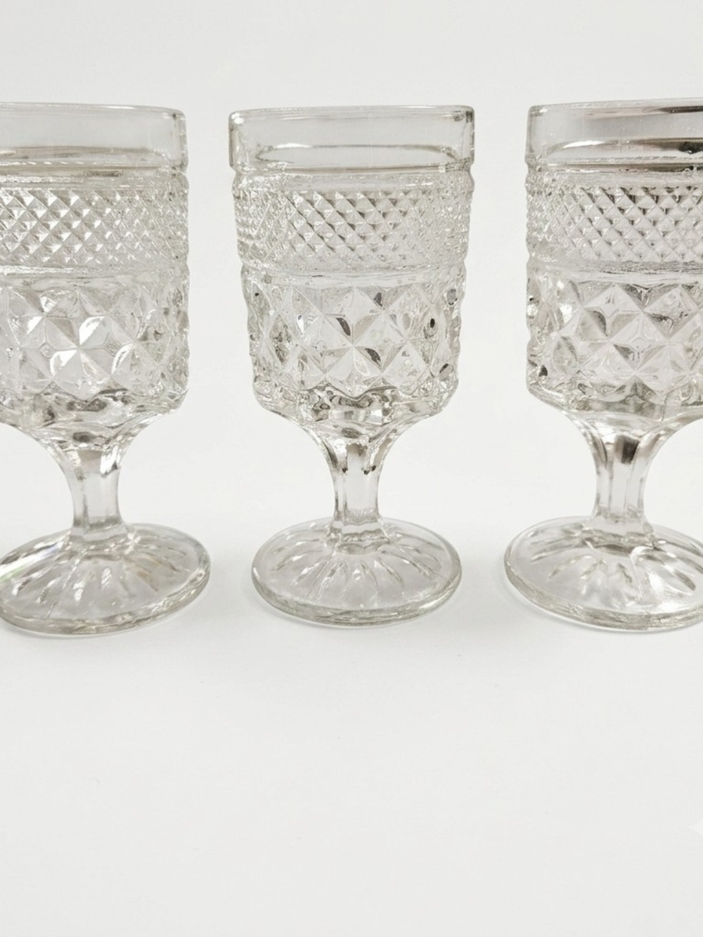 Vintage Clear Pressed Glass Diamond Pattern Cordial Glasses Set of 3